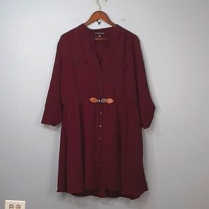 Always Indigo Buckle Coastal Cowgirl Burgundy Collared Mini Shirt Dress